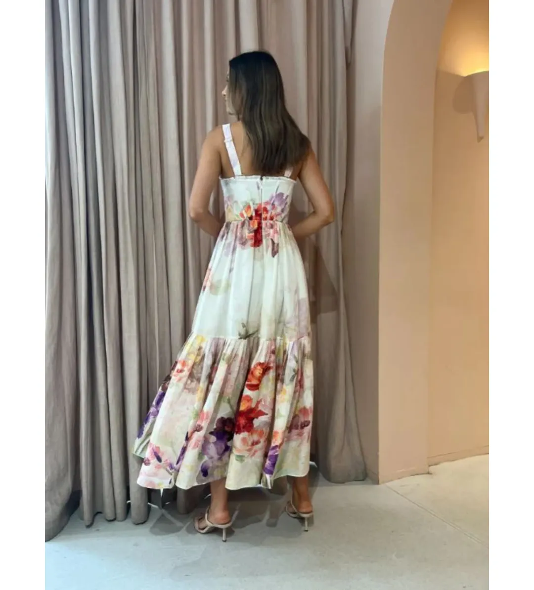 Leo Lin Rose Bustier Midi Dress Cascade Print Size AU 10 for rent on The Volte - main image