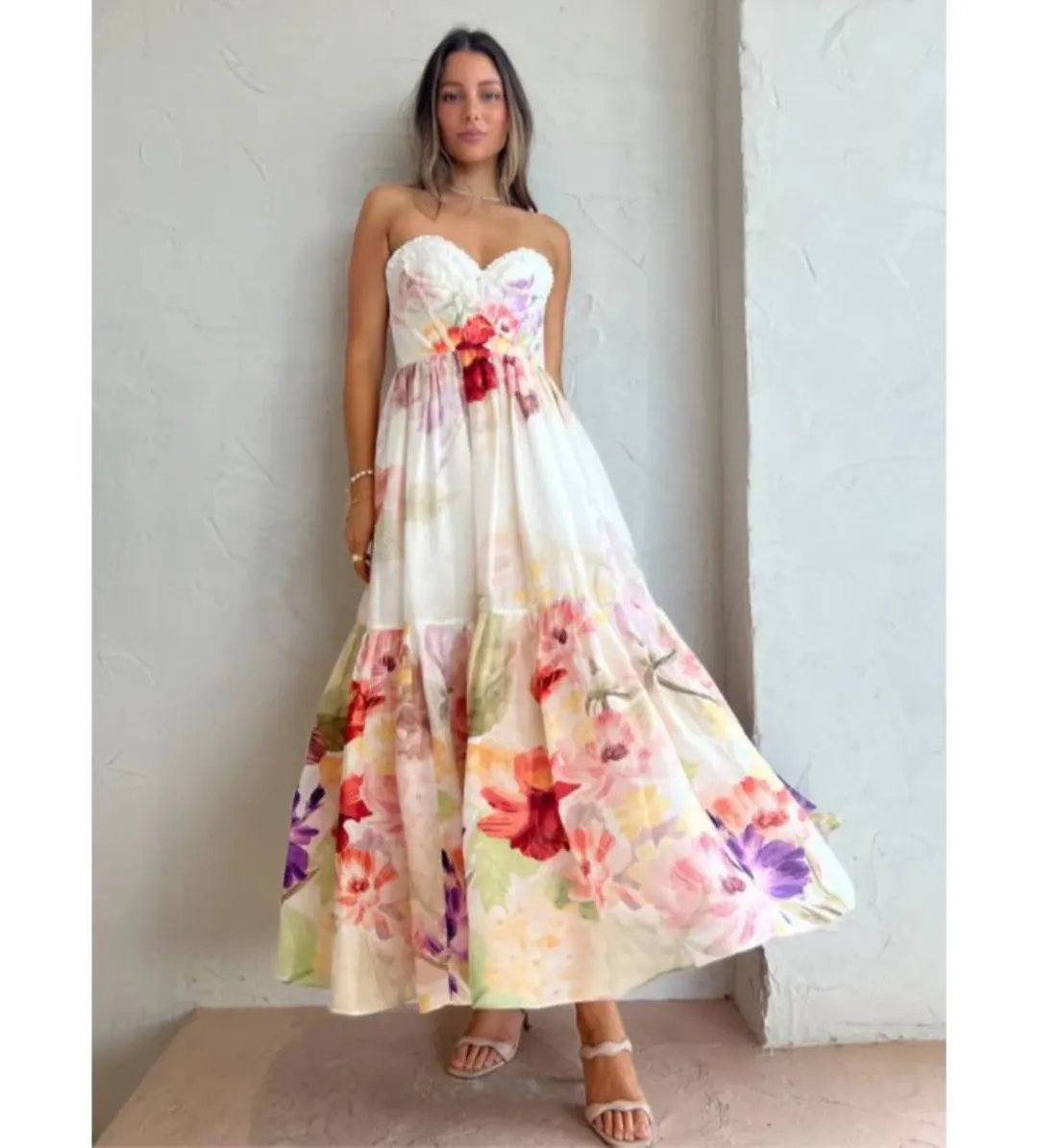 Leo Lin Rose Bustier Midi Dress Cascade Print Size AU 10 for rent on The Volte - main image