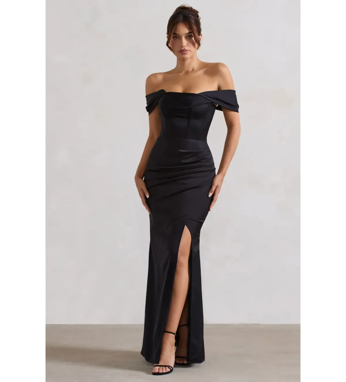 Club L Kimberly Black Bardot Satin Maxi Dress Size 8 - Image 1