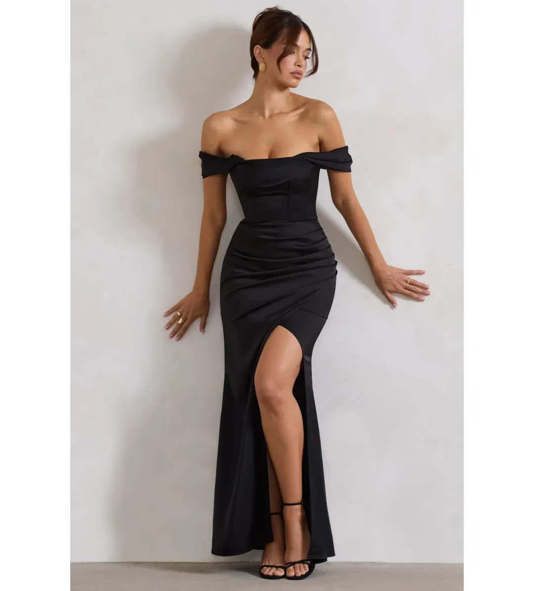 Club L Kimberly Black Bardot Satin Maxi Dress Size 8 for rent on The Volte - main image