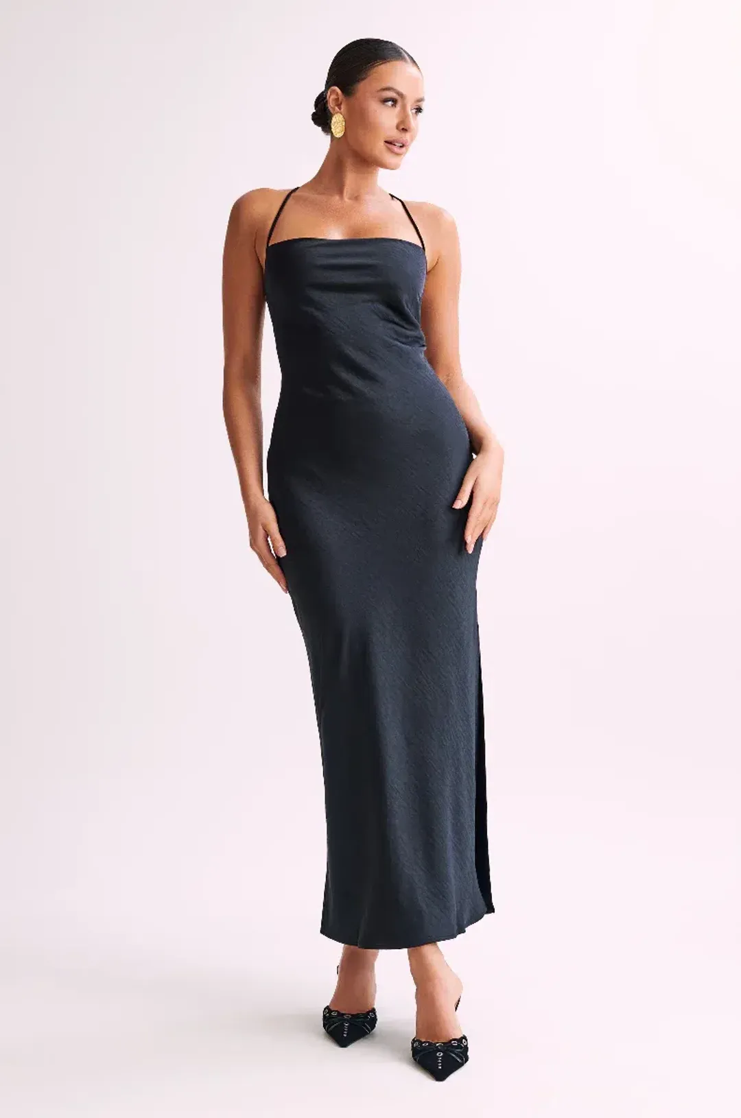 Meshki Sydney Straight Neck Slip Maxi Dress in Black Size 8 for rent on The Volte - main image