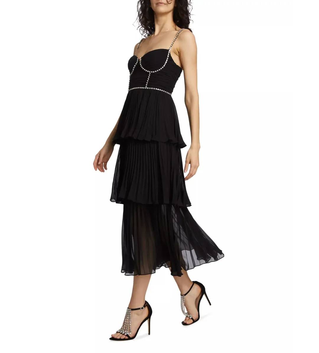 Self Portrait Chiffon Tiered Midi Dress in Black Size AU 10 for rent on The Volte - main image