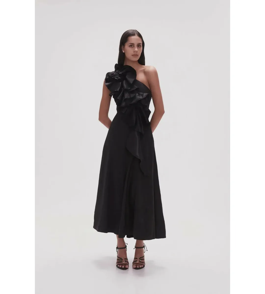 Aje Adelia Ruffle Midi Dress Black Size S/AU 8 for rent on The Volte - main image