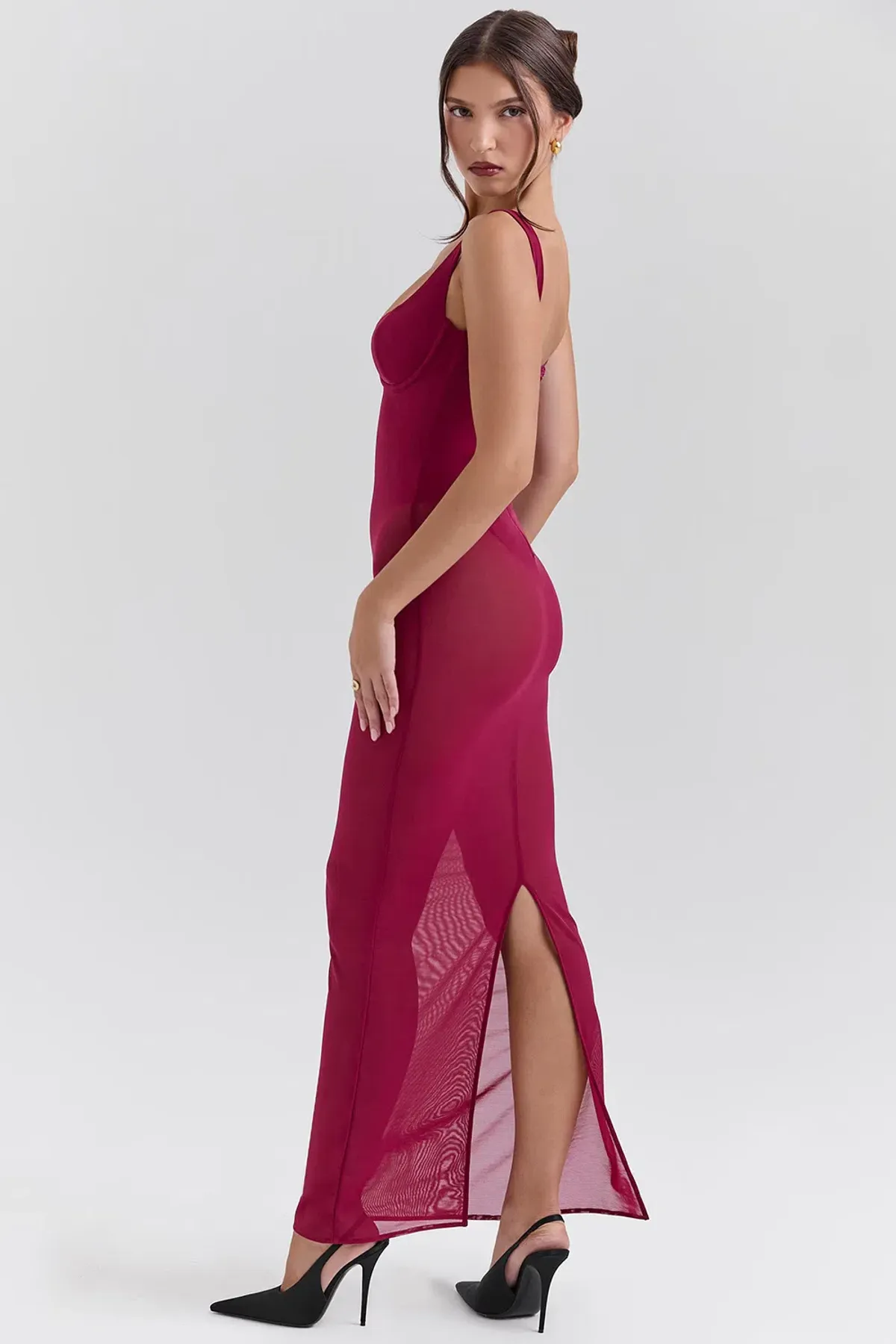House of CB ROBINA Wine Stretch Mesh Maxi Dress in Burgundy  size AU 6 - Image 3
