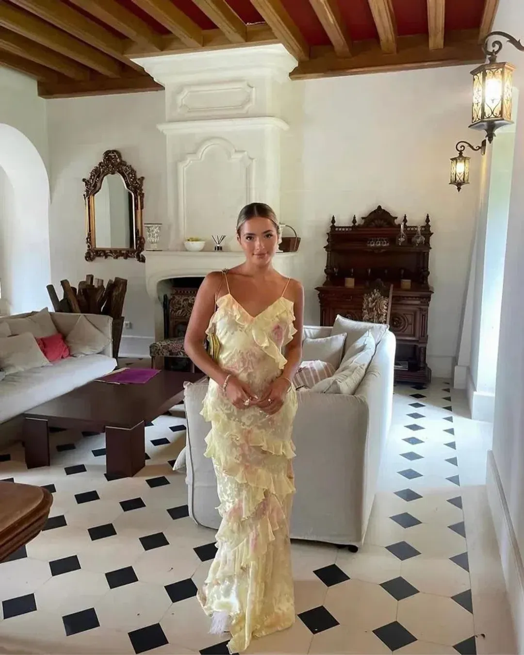 LoveShackFancy Rialto Floral Chiffon Maxi Dress in Yellow Melon Size US4/AU8 for rent on The Volte - main image