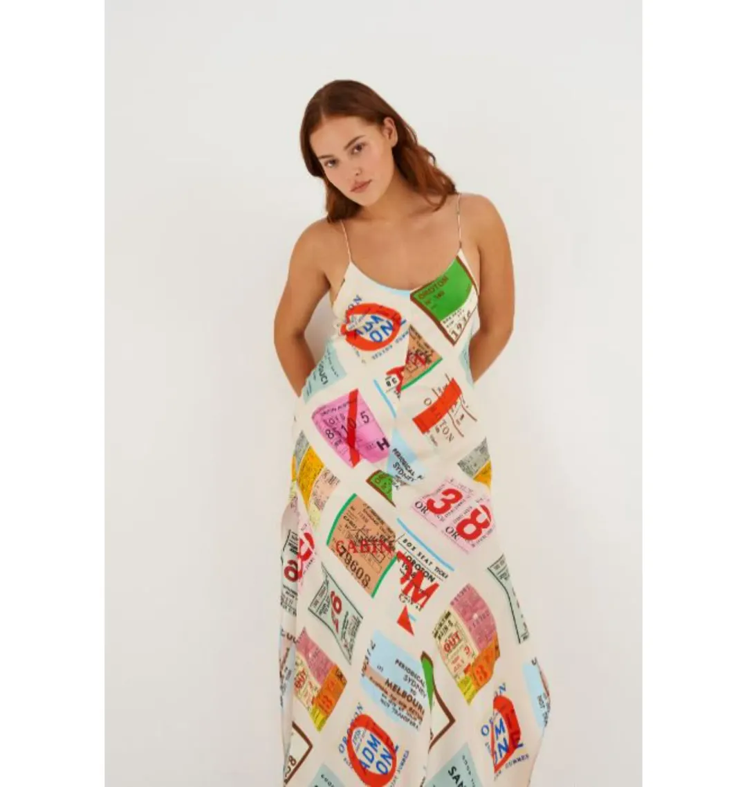 Oroton Ticket Print Slip Maxi Dress  Multi Size AU 14  for rent on The Volte - main image