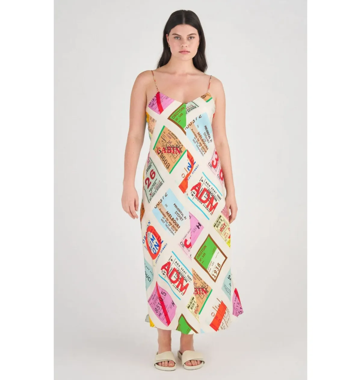 Oroton Ticket Print Slip Maxi Dress Multi Size AU 14 - Image 1