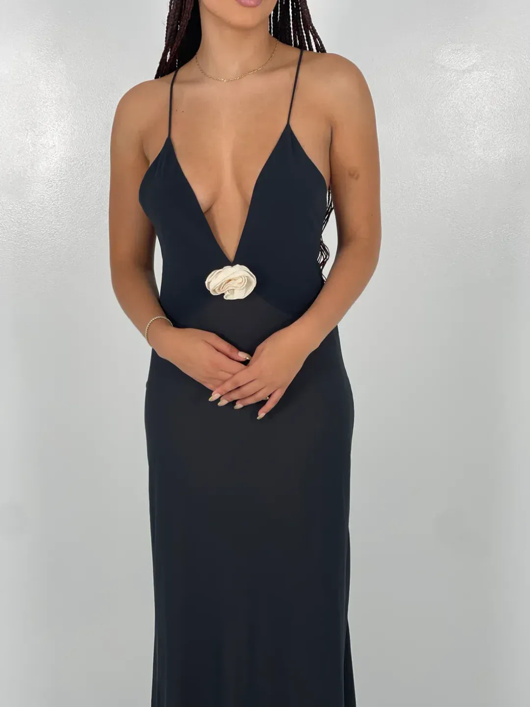 Helsa Sheer Deep V Rose Dress in Black Size Small/AU 8 for rent on The Volte - main image