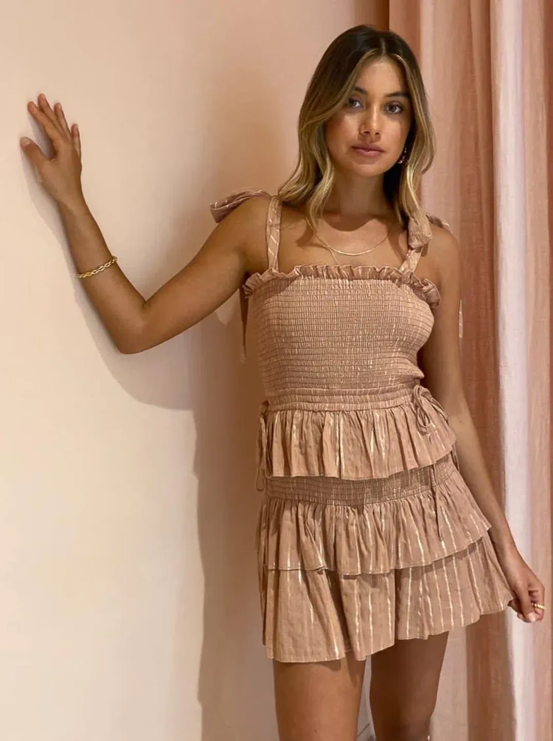 Shona Joy Corinne Shirred Mini Dress Desert Rose Size 8 for rent on The Volte - main image