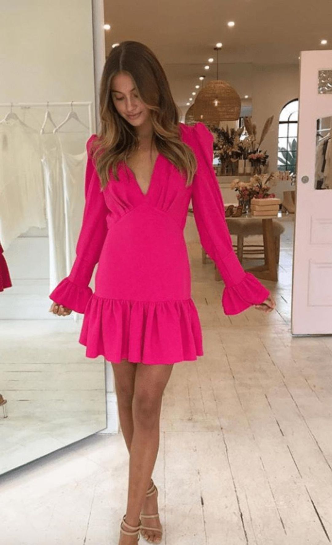  By Johnny Anna V Tulip Sleeve Dress in Punch Me Pink  for rent on The Volte - main image