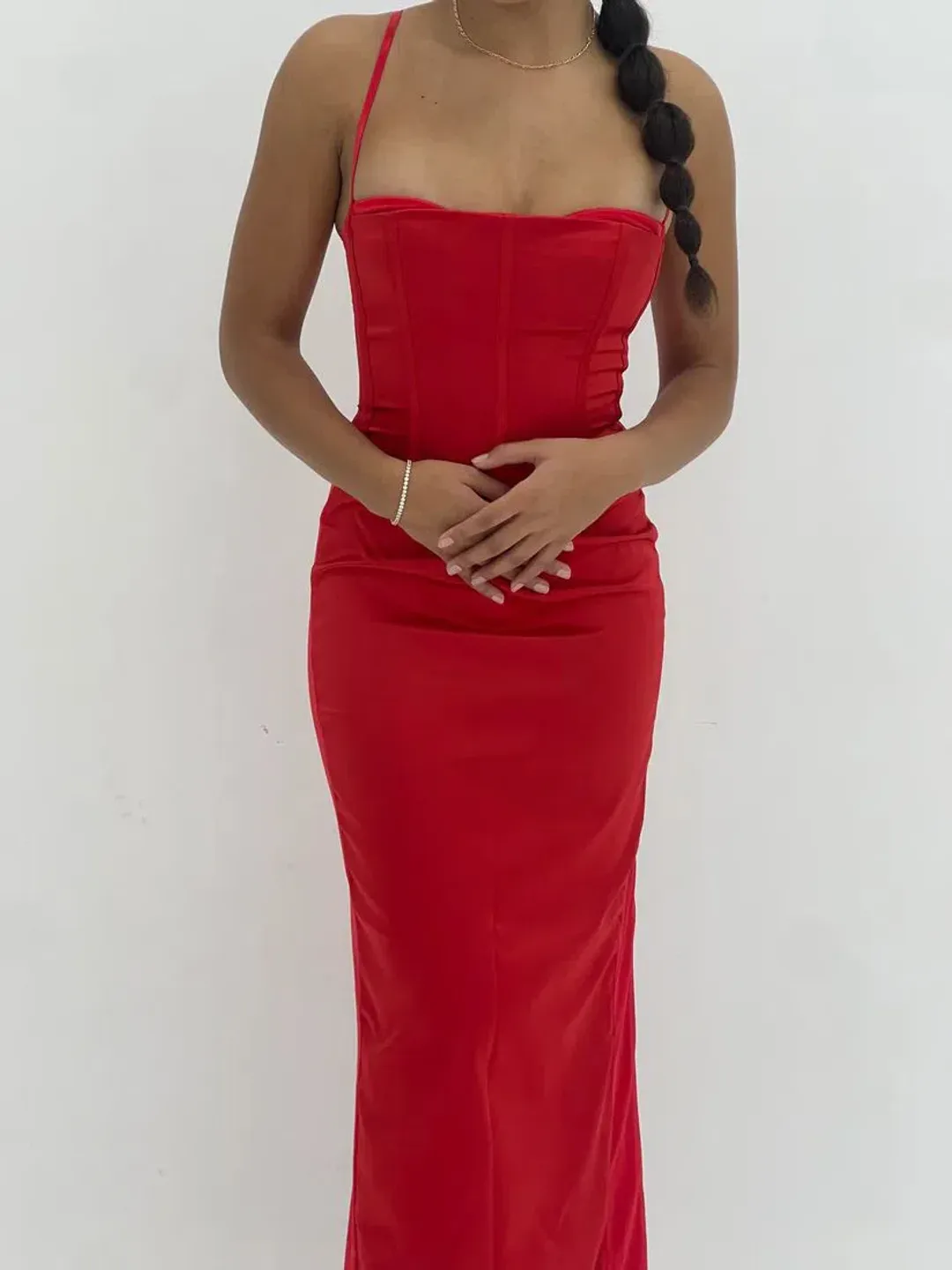 House of CB Shani Satin Corset Maxi Dress in Red Size S/AU8 for rent on The Volte - main image