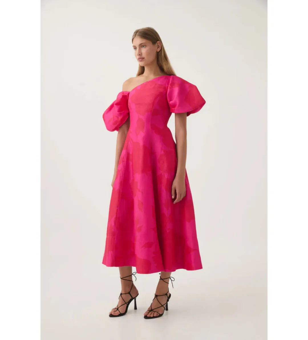 Aje Arista Tulip Sleeve Midi Dress in  Florescent Rose Size AU 8 for rent on The Volte - main image