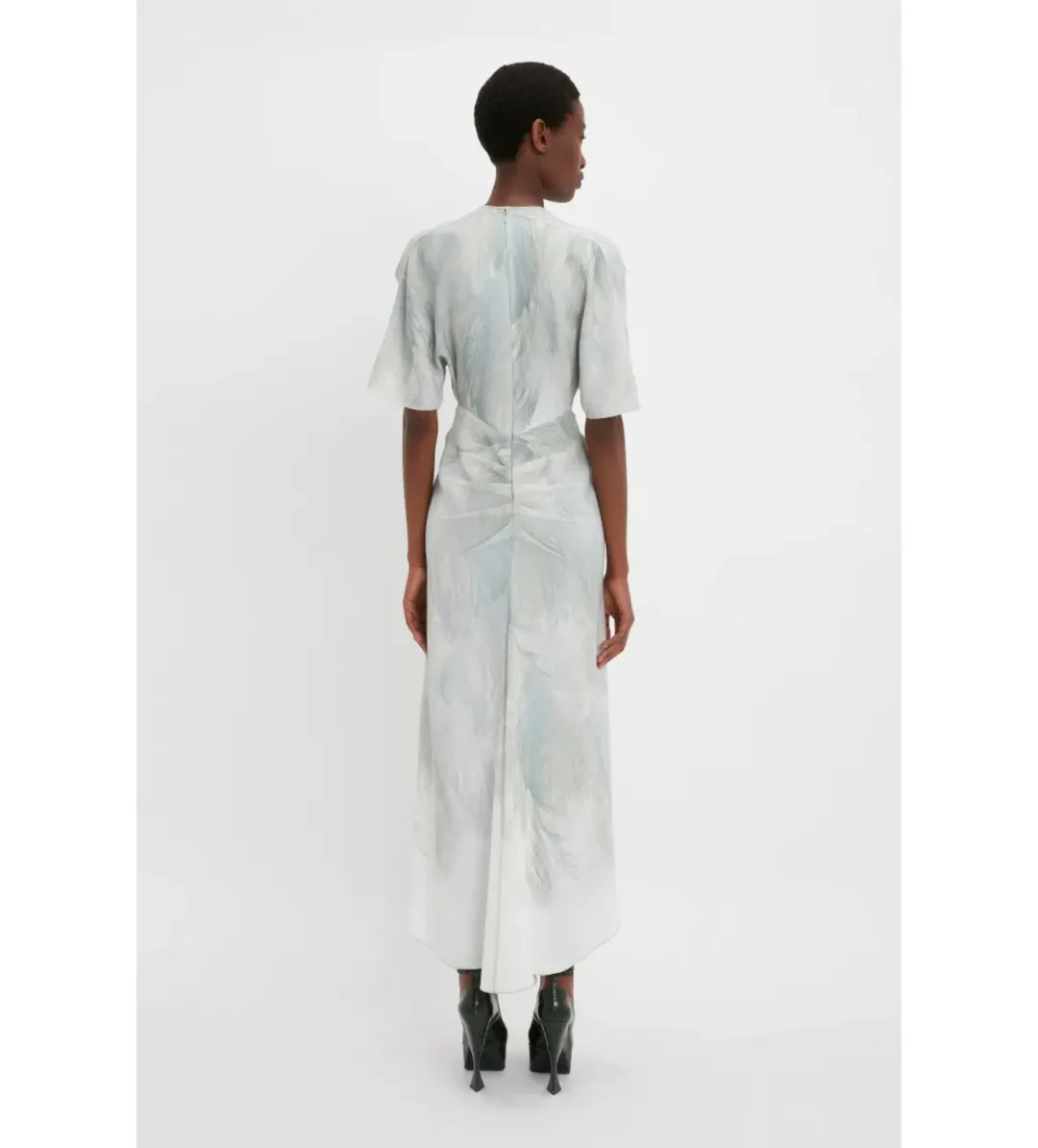 Victoria Beckham Drape Sleeve Midi Dress In White Digital Feather Print Size AU 8 for rent on The Volte - main image