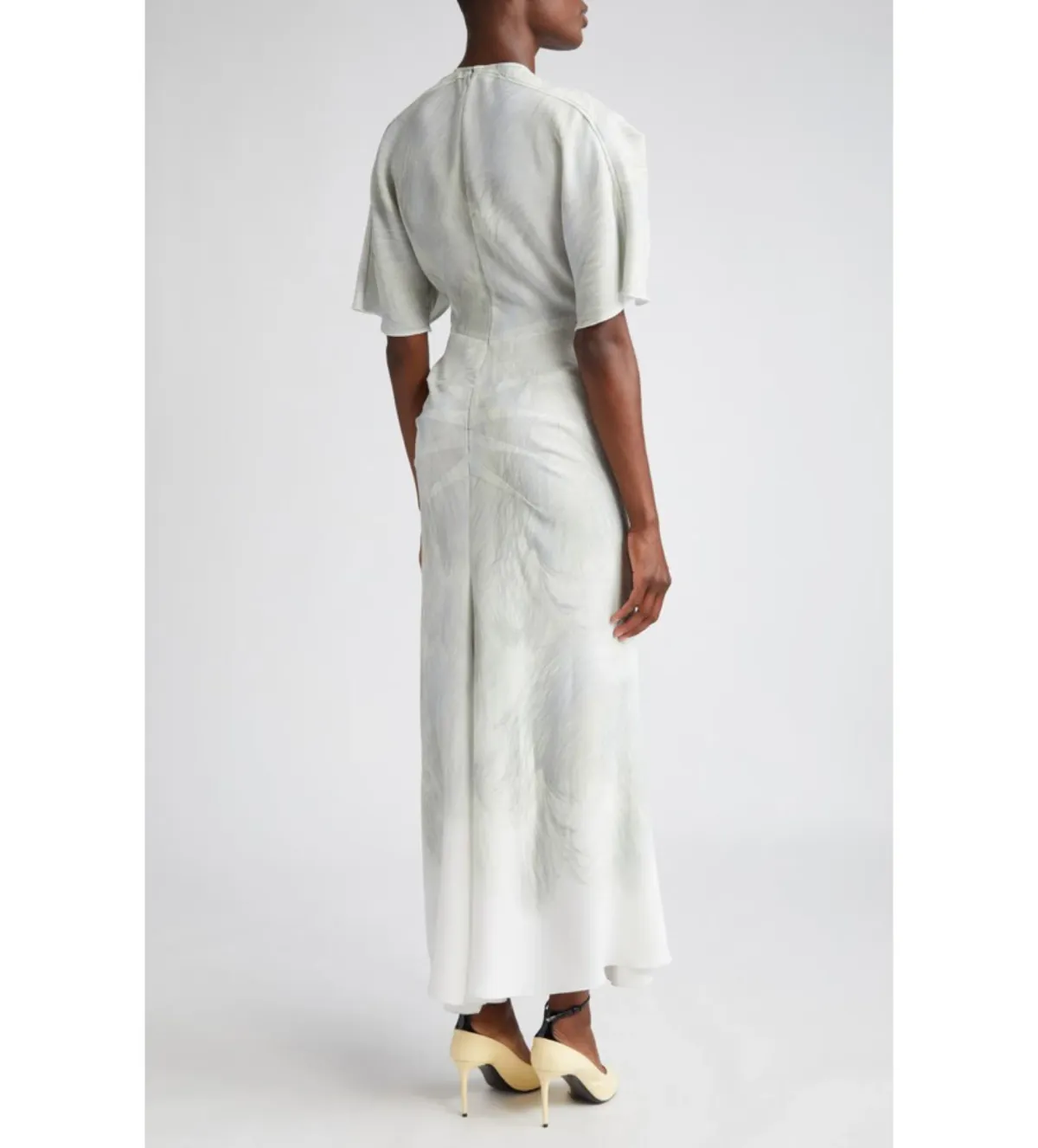 Victoria Beckham Drape Sleeve Midi Dress In White Digital Feather Print Size AU 8 - Image 2