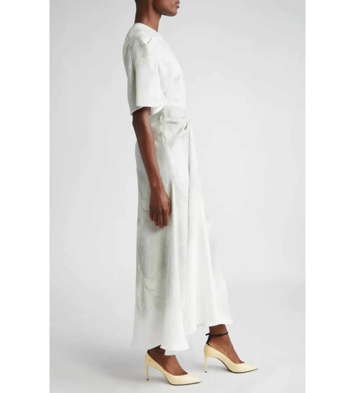 Victoria Beckham Drape Sleeve Midi Dress In White Digital Feather Print Size AU 8 - Image 3