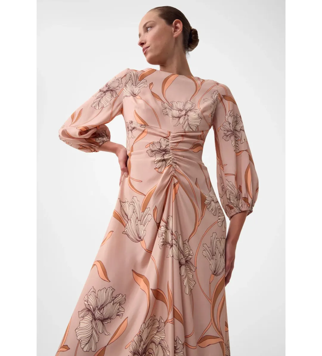 Morrison Martinique Rouched Midi Dress Blush Floral Print Size 4/AU 14 for rent on The Volte - main image