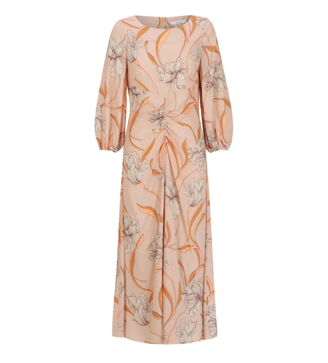 Morrison Martinique Rouched Midi Dress Blush Floral Print Size 4/AU 14 for rent on The Volte - main image