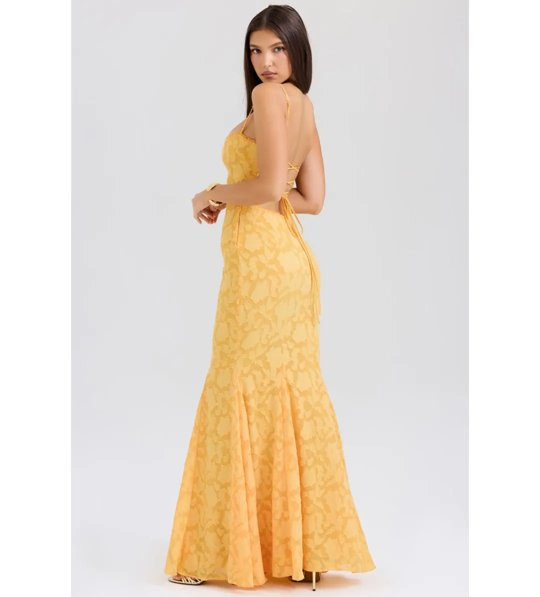 House of CB Joan Lace Up Back Maxi Dress Apricot Size XS/AU 6 for rent on The Volte - main image