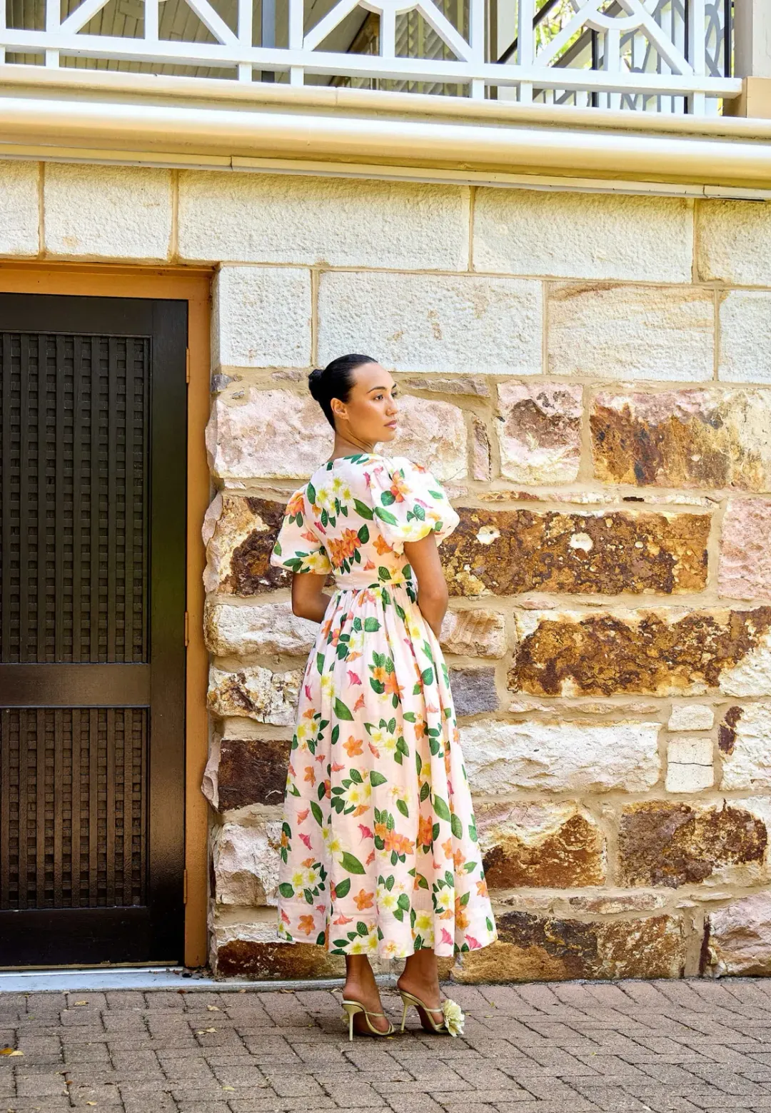 Isabella Longinnou Frangipani Puff Sleeve Midi Dress Print Size 14 for rent on The Volte - main image