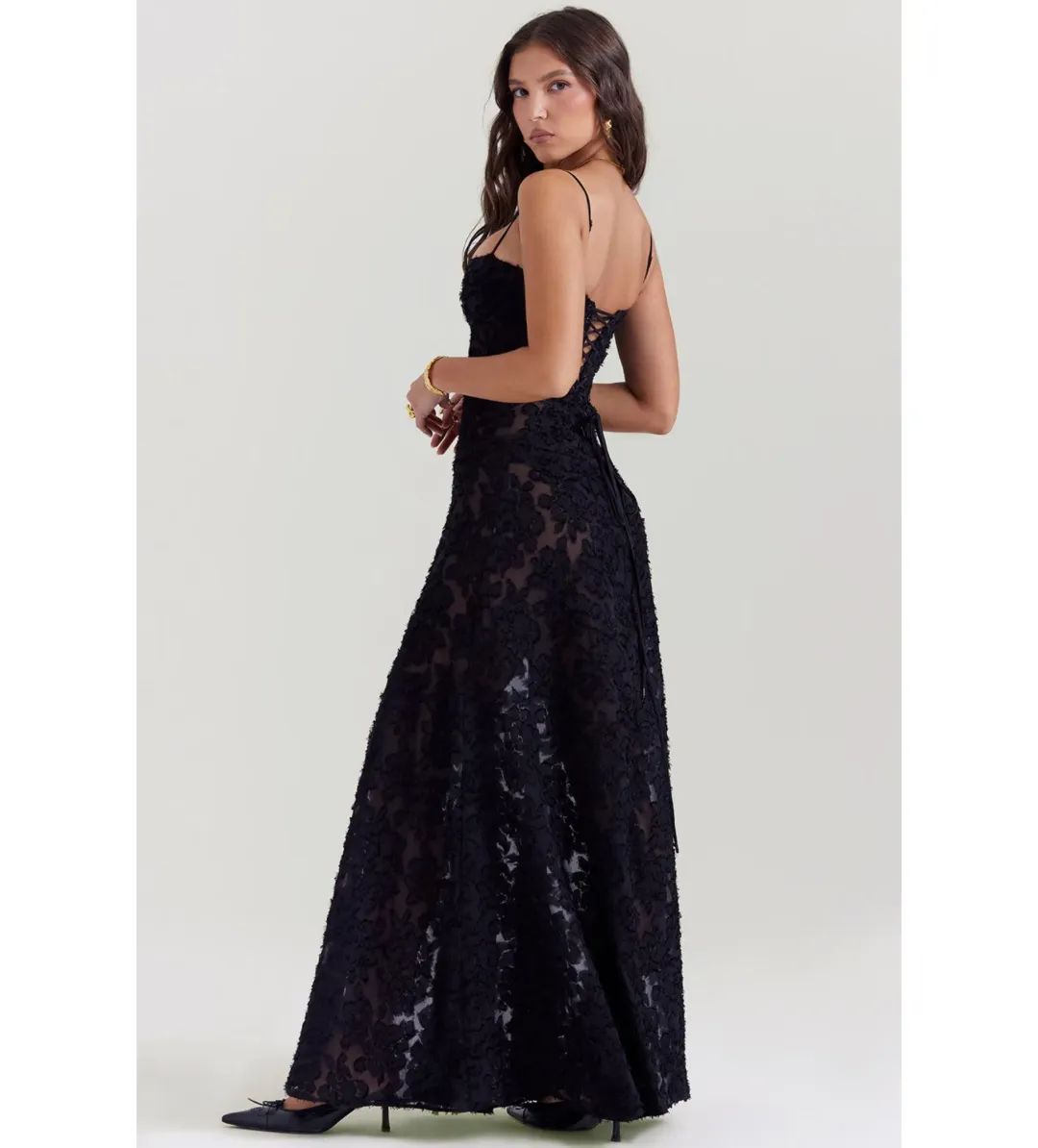 House of CB Seren Floral Lace Back Maxi Dress Black Size S/AU 8 for rent on The Volte - main image