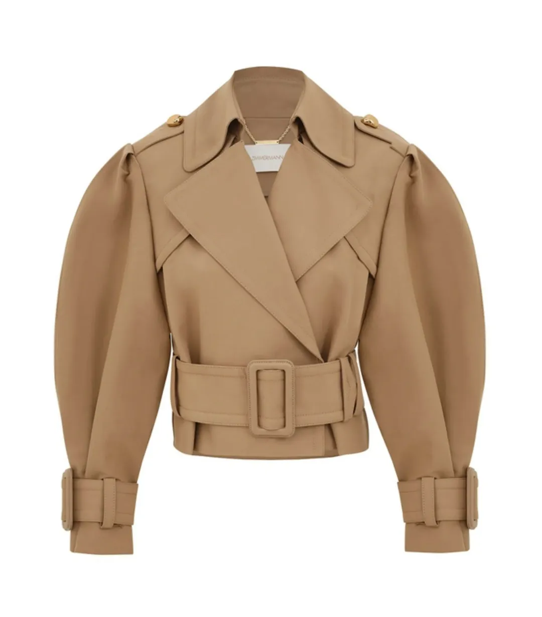 Zimmermann Crush Cropped Trench Coat in Khaki Size 0 / AU 8  for rent on The Volte - main image