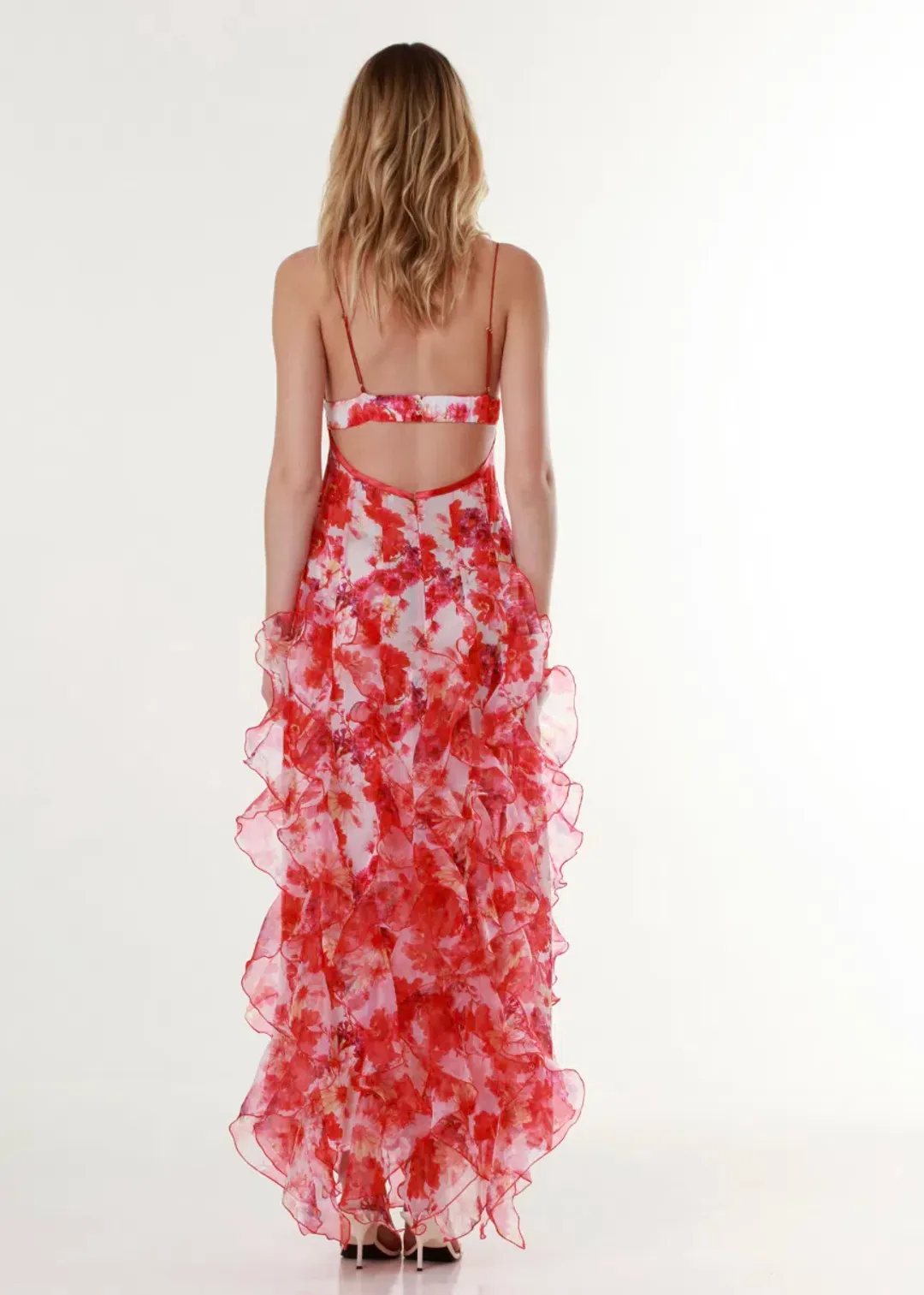 Menti Red Margarita Ruffle Floral-Print Maxi Dress Floral Size 10  for rent on The Volte - main image