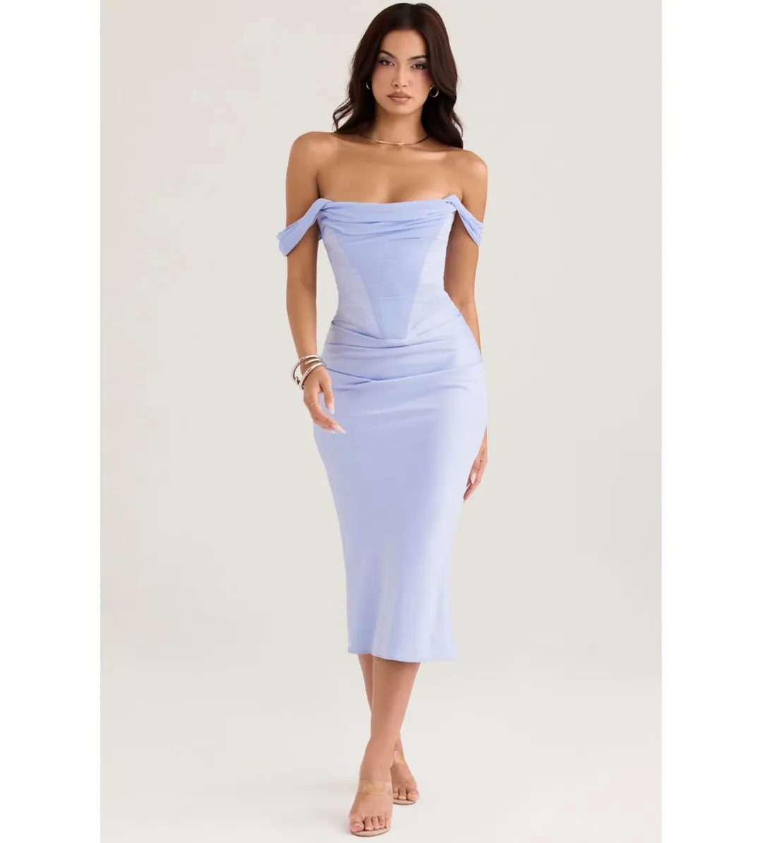 House of CB Natalya Sky Satin Corset Midi Dress Sky Blue Size S/Size AU 8 for rent on The Volte - main image