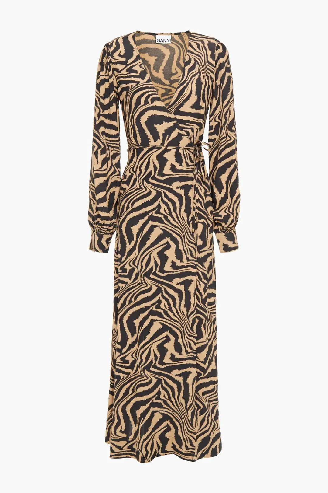 Ganni Tiger Print Midi Wrap Dress Animal Print Size AU 8 for rent on The Volte - main image
