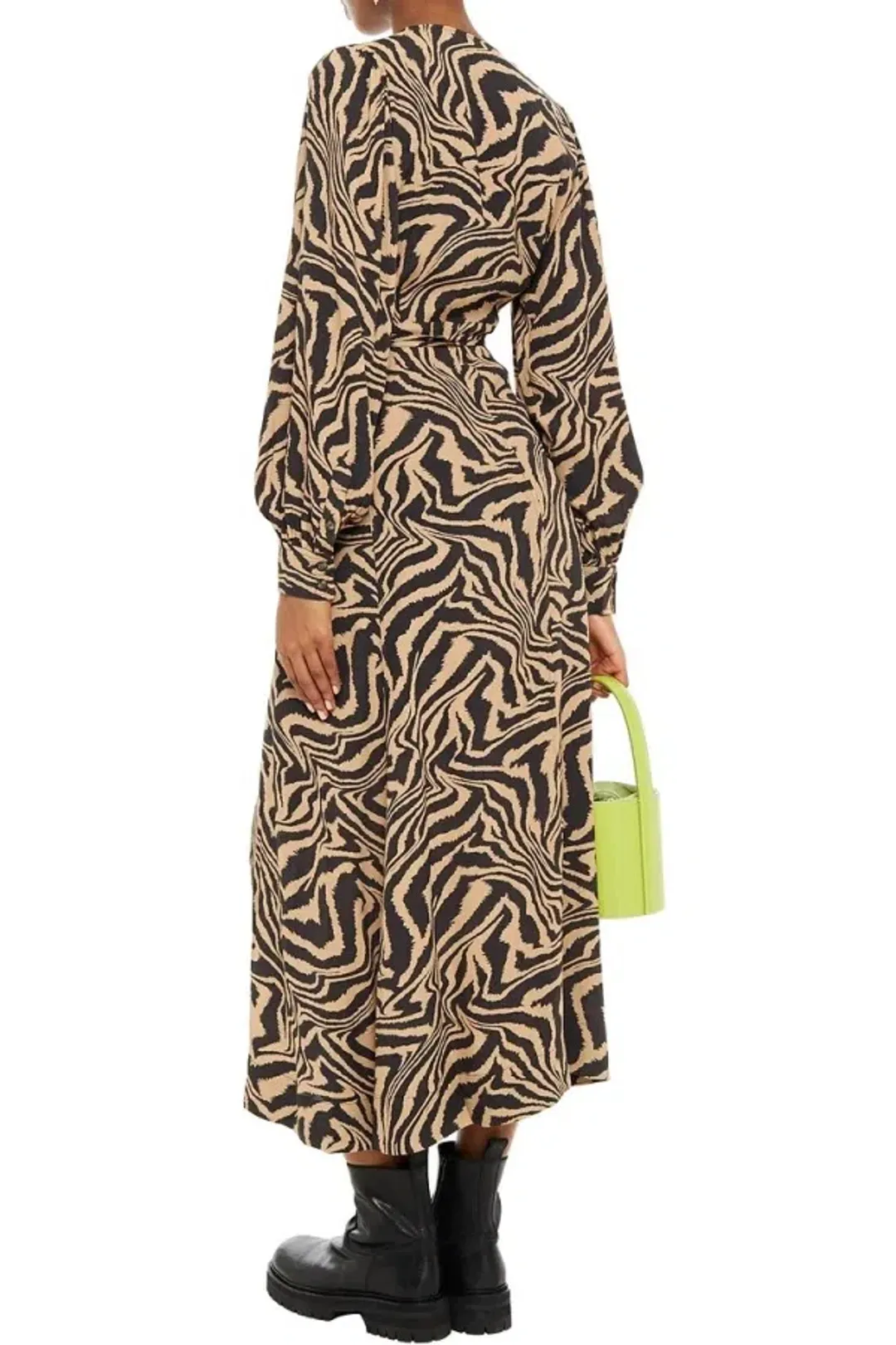 Ganni Tiger Print Midi Wrap Dress Animal Print Size AU 8 for rent on The Volte - main image