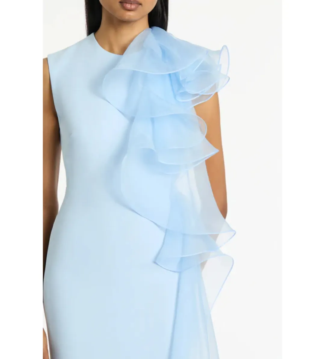 Carla Zampatti  Pale Blue Crepe Ruffle Shoulder Maxi Gown Size 8 for rent on The Volte - main image