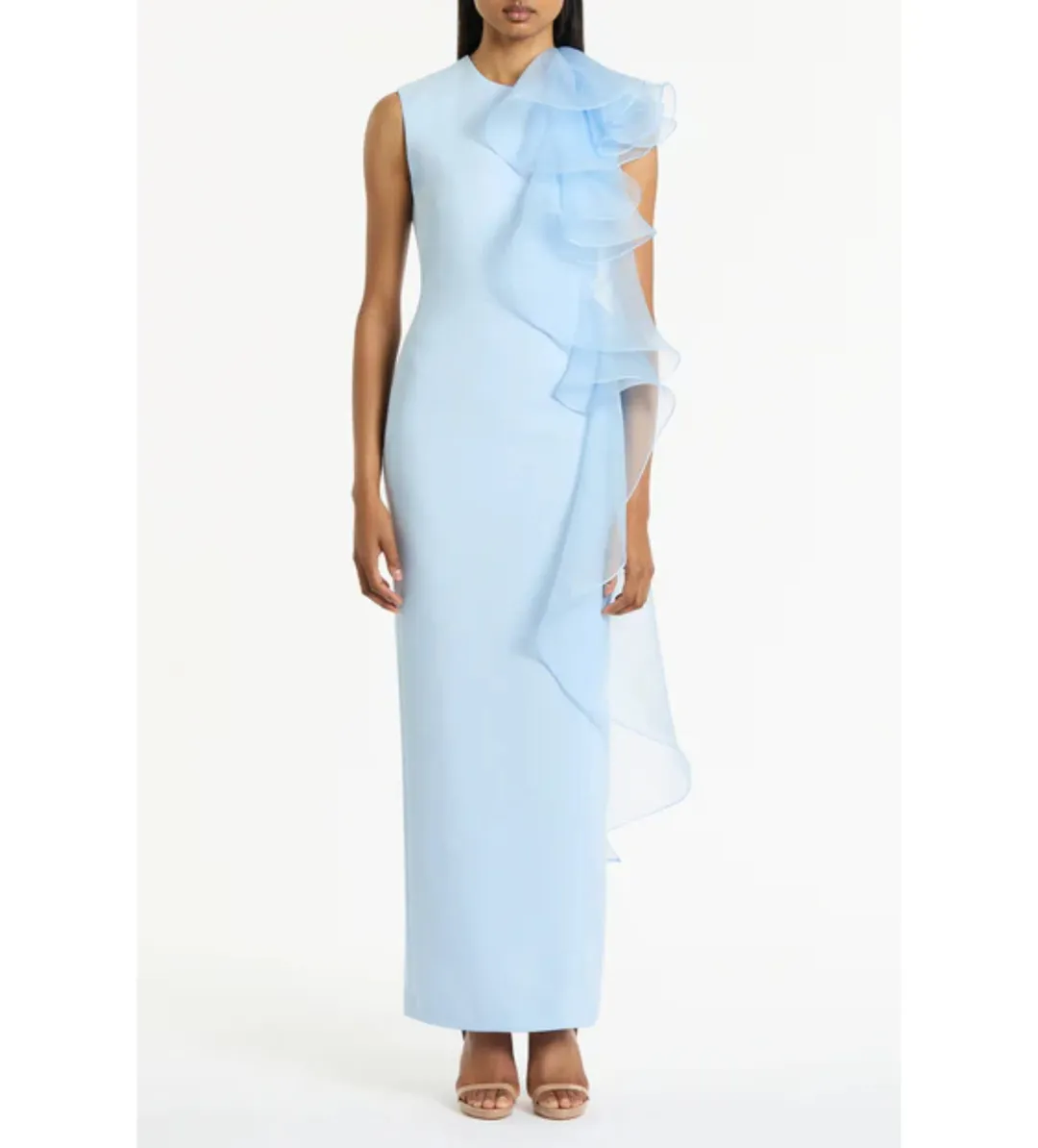 Carla Zampatti  Pale Blue Crepe Ruffle Shoulder Maxi Gown Size 8 for rent on The Volte - main image