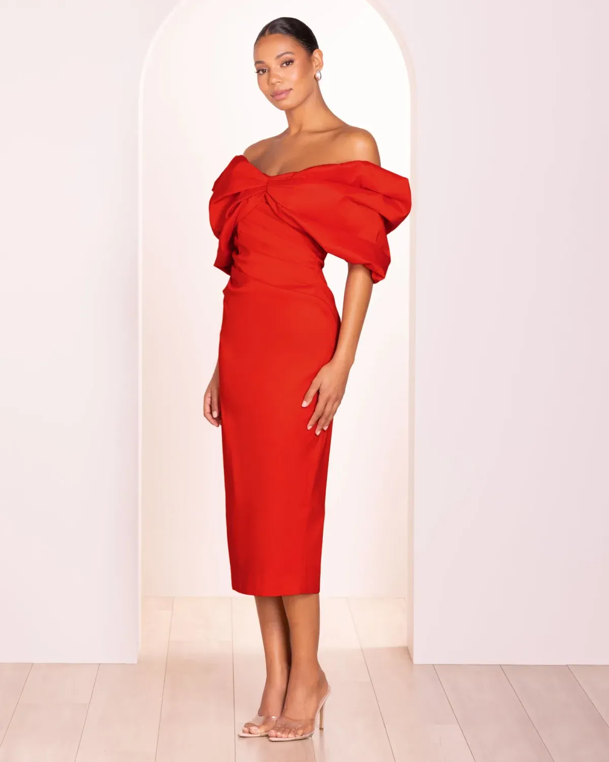 Pilgrim Safina Off Shoulder Midi Dress in Red size 12 - Image 2