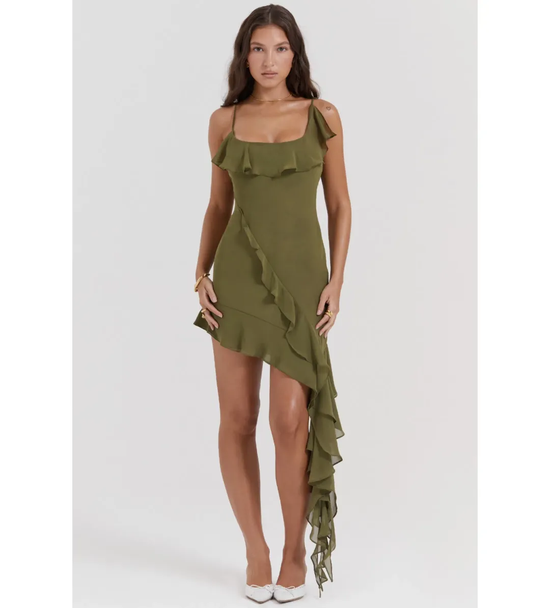 House Of Cb Mercia Ruffle Mini Dress Olive Size M /Au 10  for rent on The Volte - main image