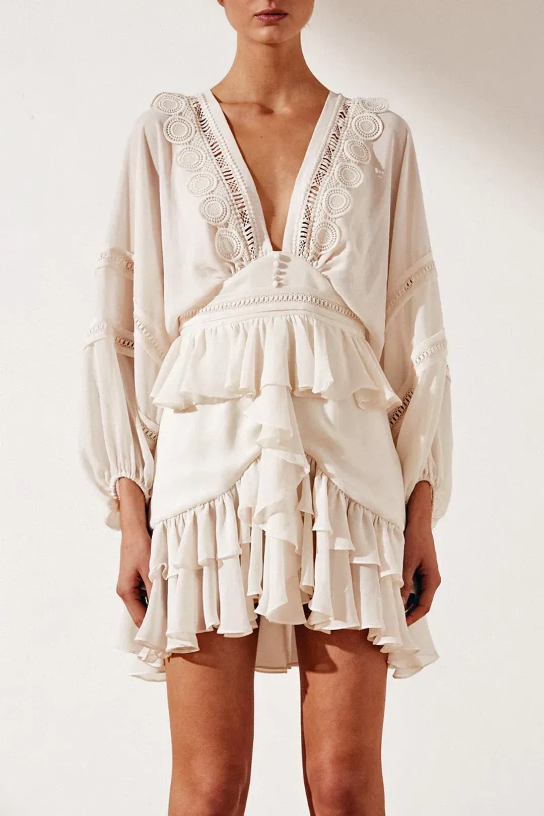 Shona Joy Rafaella Plunge Frill Mini Dress Cream Size 6 for rent on The Volte - main image