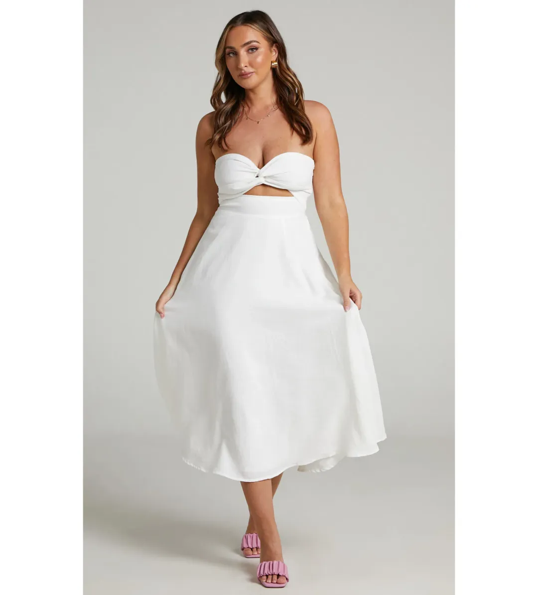 Avie Midi Dress Twist Strapless Cocktail Dress in Off-White Size 12 for rent on The Volte - main image