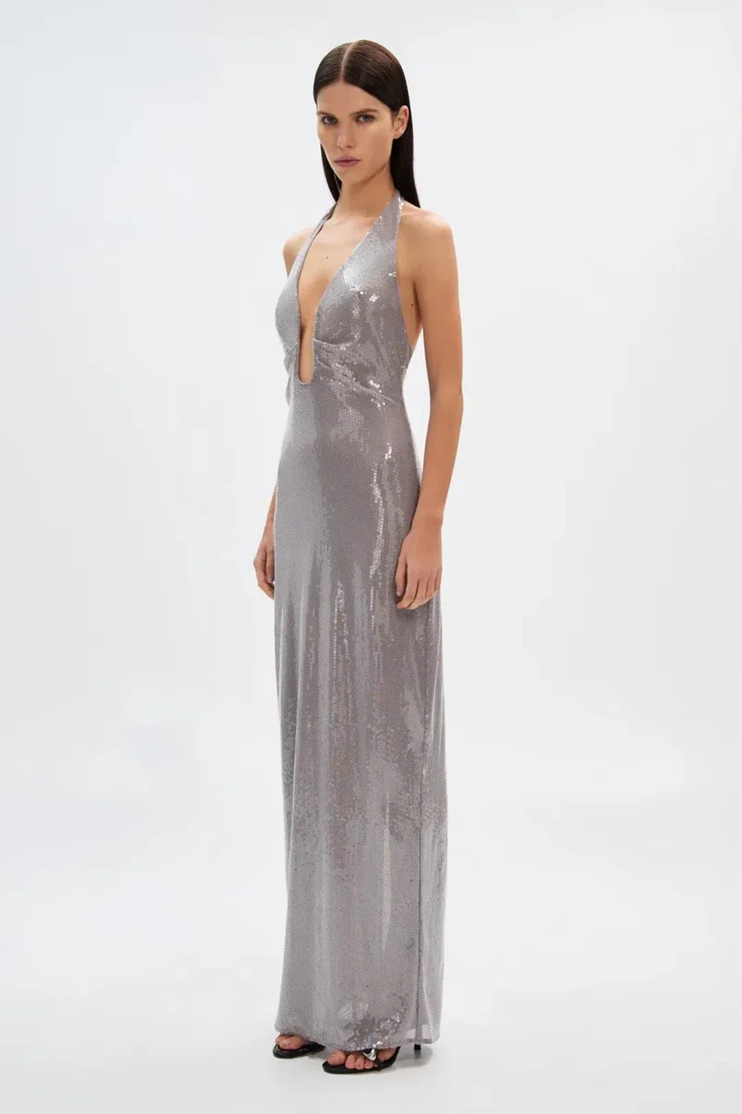 Misha The Alusia Maxi Dress Silver Sequin Size 8  for rent on The Volte - main image