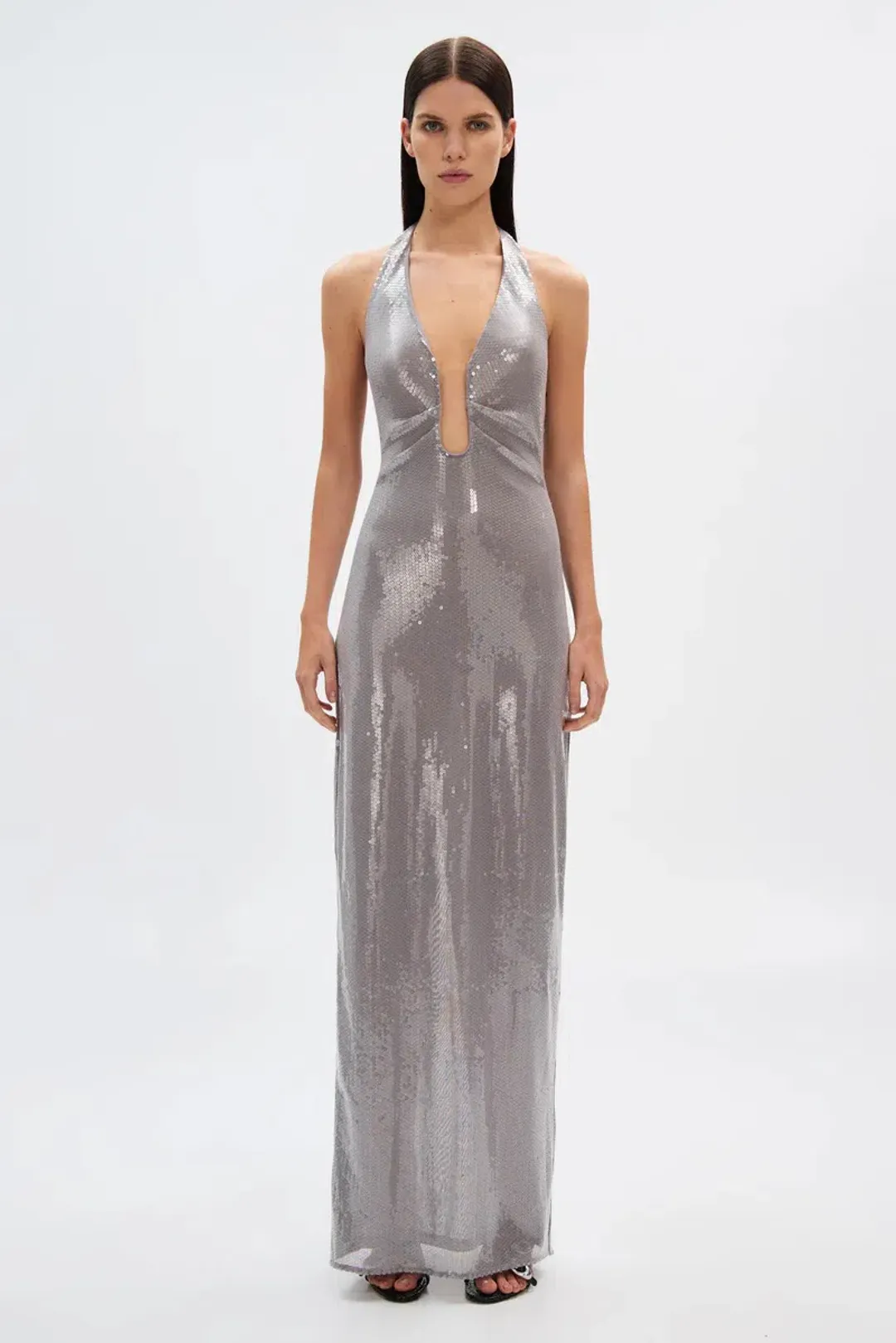 Misha The Alusia Maxi Dress Silver Sequin Size 8  for rent on The Volte - main image