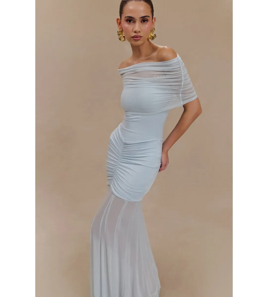 Meshki Caspian Slinky Mesh Off Shoulder Dress Pale Blue Size AU 8 for rent on The Volte - main image
