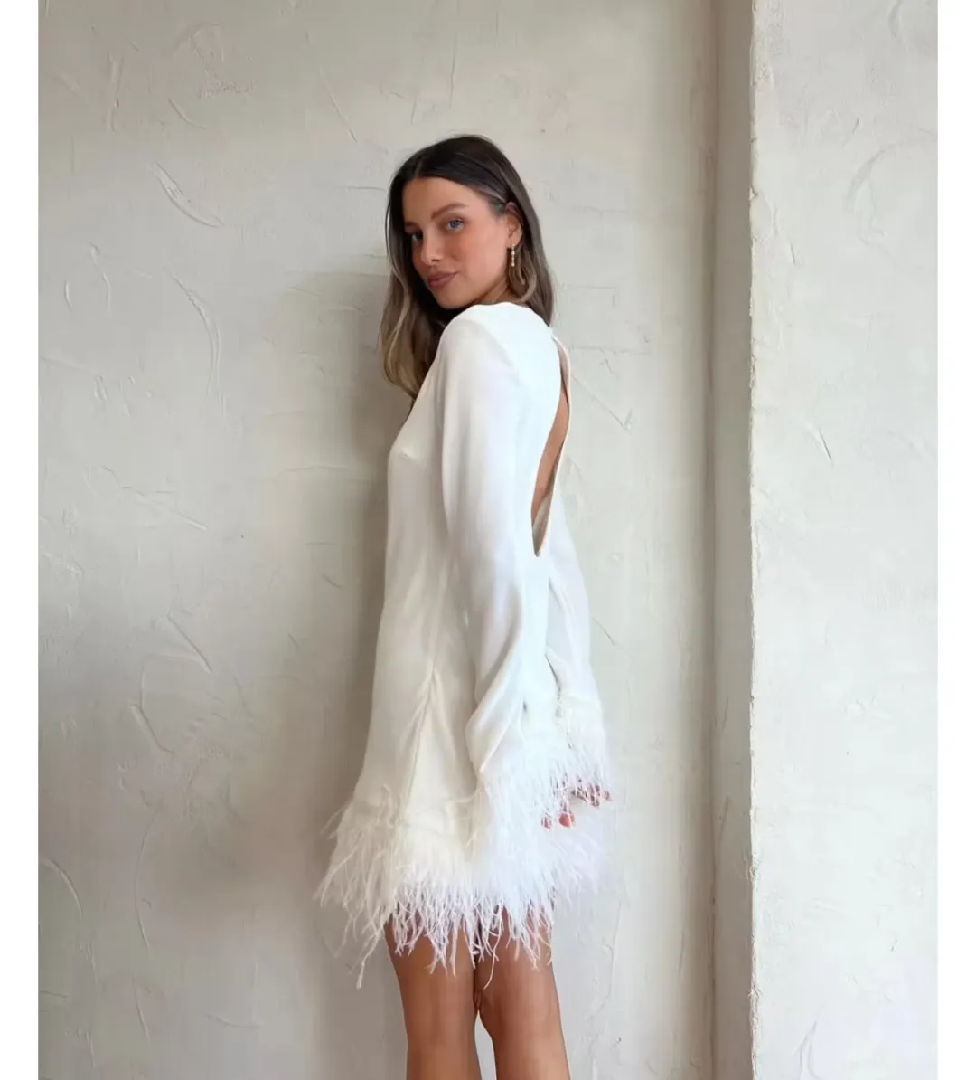 By Johnny Nicola Feather Trimmed Mini Dress Ivory White Size Small/ AU 8 for rent on The Volte - main image