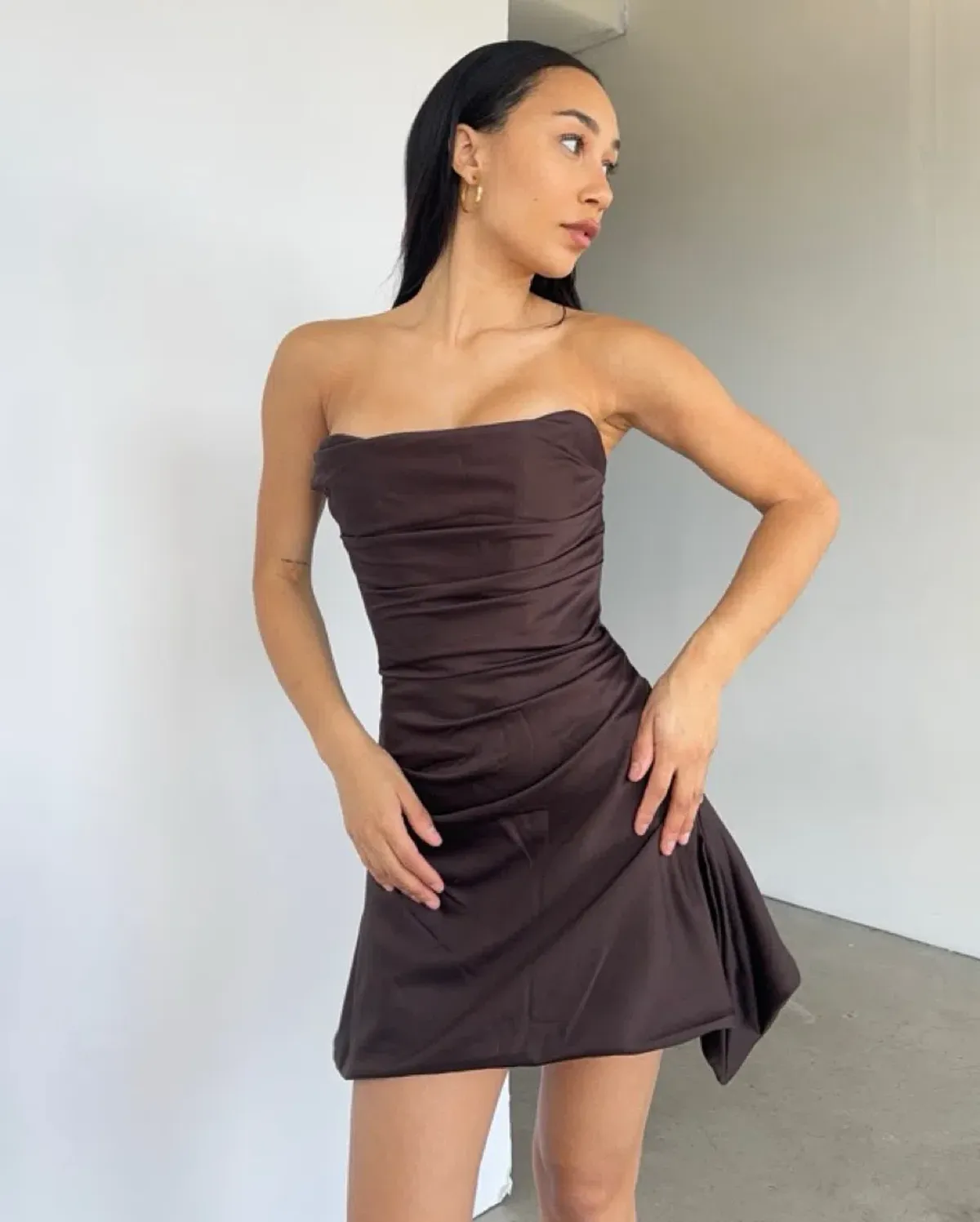 House of CB Jasmine Chocolate Satin Draped Mini Dress Brown Size AU 10 - Image 3