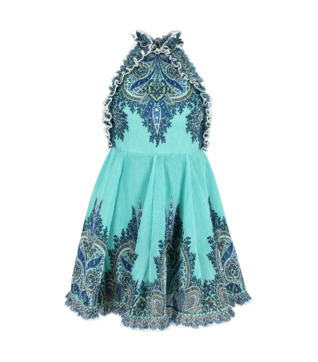 Zimmermann Moncur Ruffle Neck Mini Dress Pinafore Aqua Paisley Size 0P / AU 6 for rent on The Volte - main image