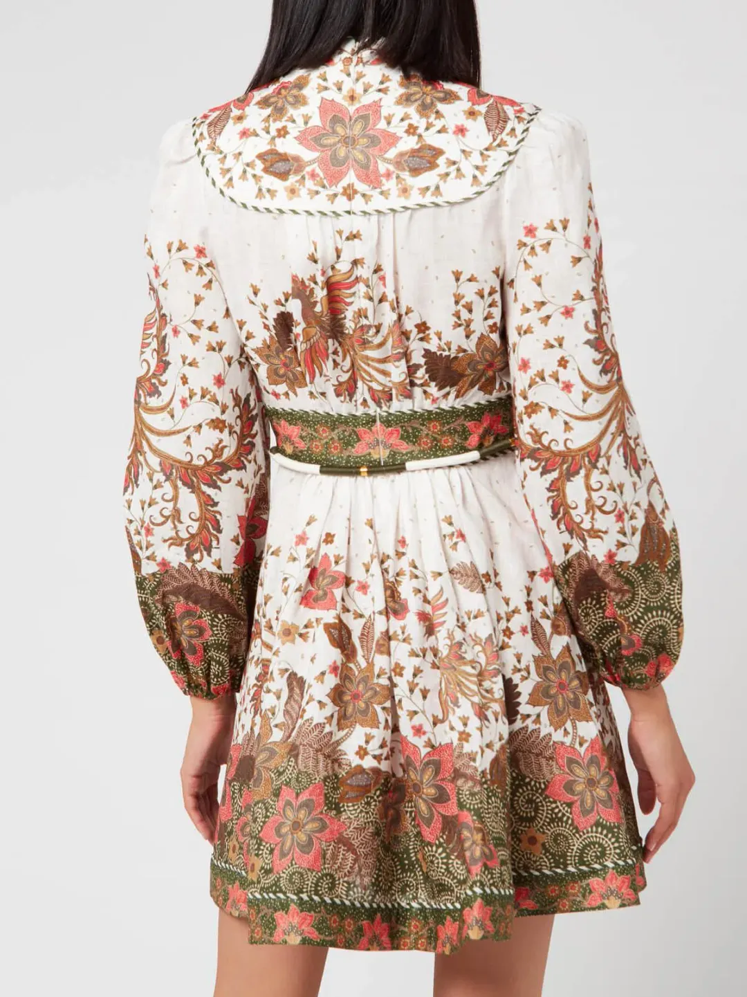 Zimmermann Empire Batik Belted Printed Linen Mini Dress Floral Khaki Batik Size 1 / AU 10  for rent on The Volte - main image