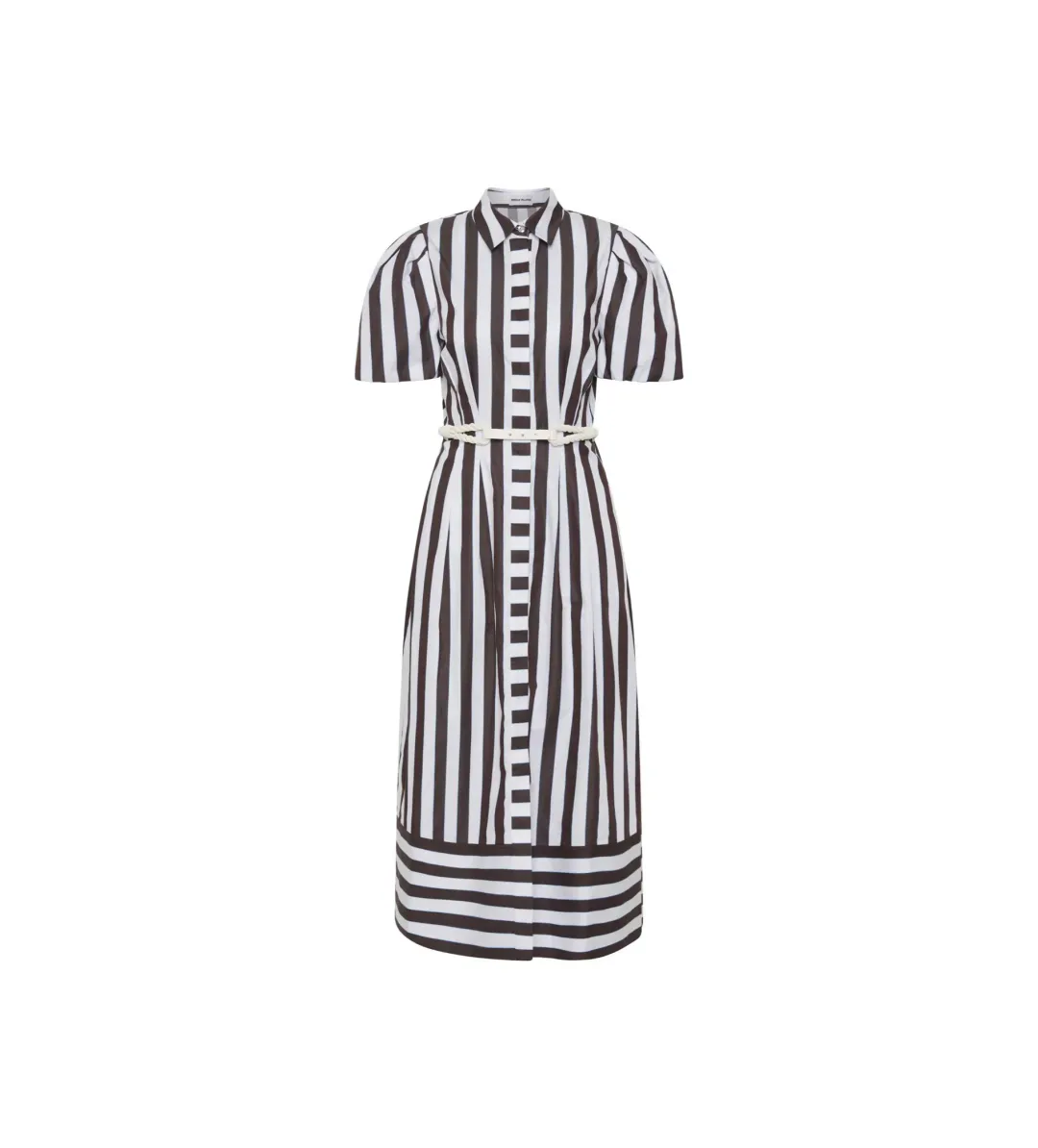 Rebecca Vallance Pippa Puff Sleeve Midi Dress Chocolate Ivory and Light Blue Stripe Print Size 18 for rent on The Volte - main image