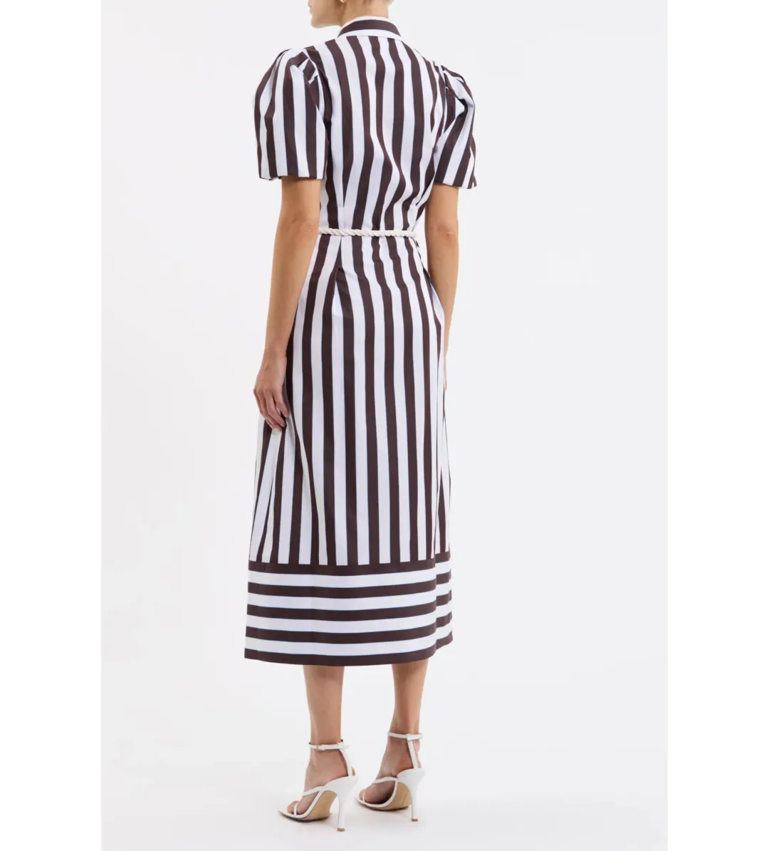 Rebecca Vallance Pippa Puff Sleeve Midi Dress Chocolate Ivory and Light Blue Stripe Print Size 18 for rent on The Volte - main image