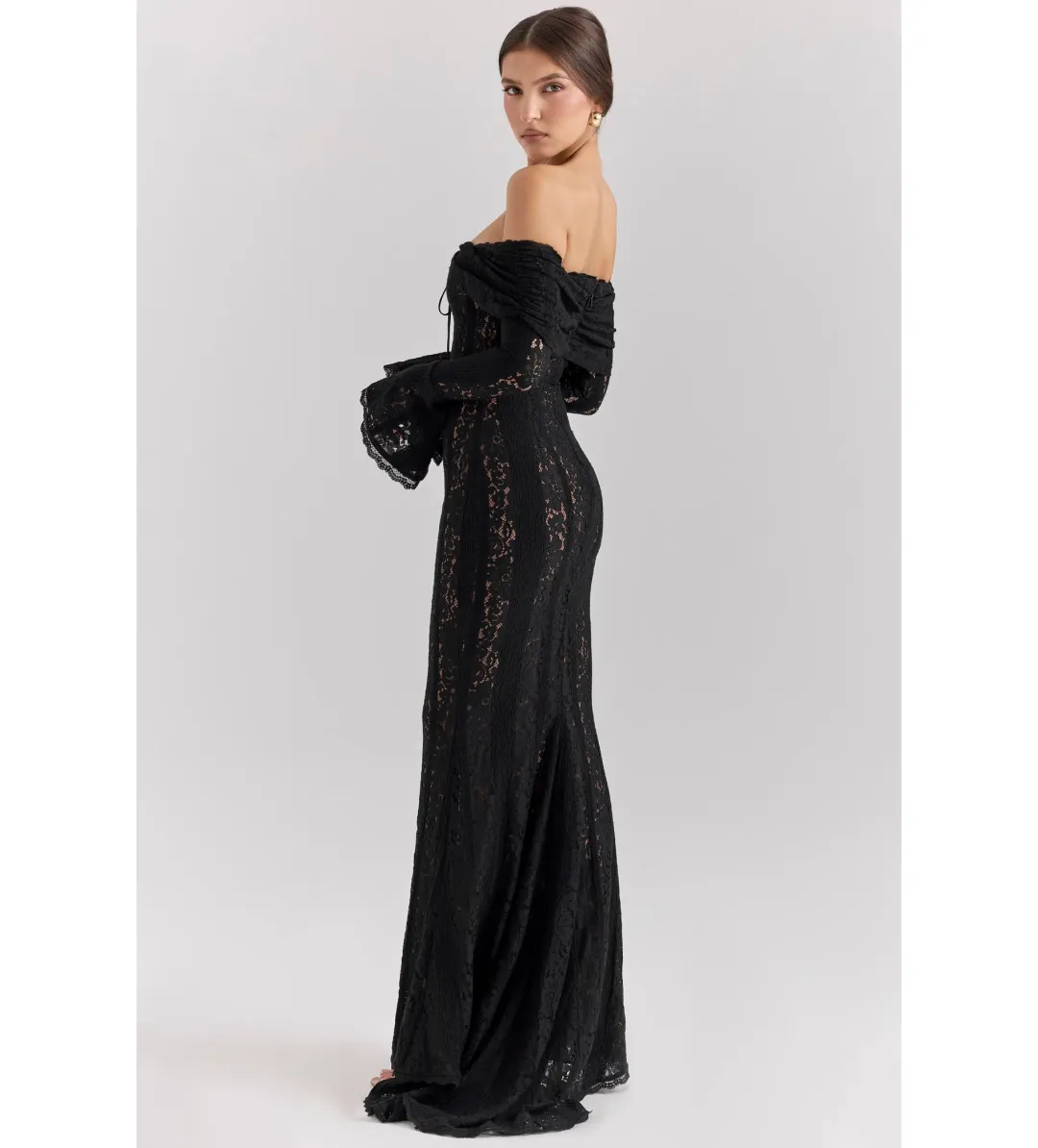 House of CB Belle Off Shoulder Floral Lace Maxi Dress Black Size AU 14 for rent on The Volte - main image