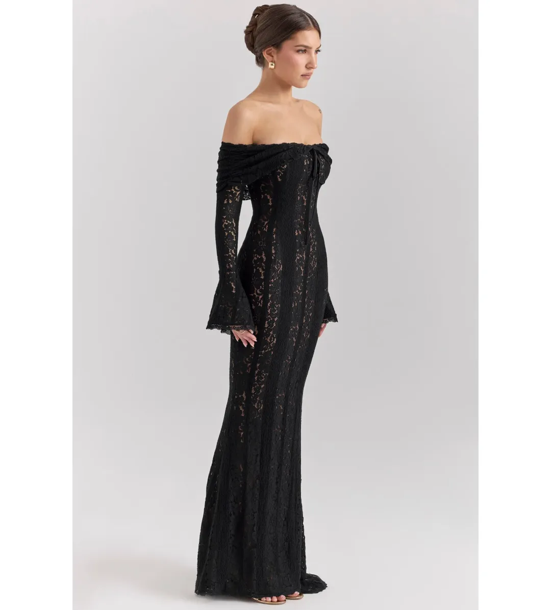 House of CB Belle Off Shoulder Floral Lace Maxi Dress Black Size AU 14 for rent on The Volte - main image