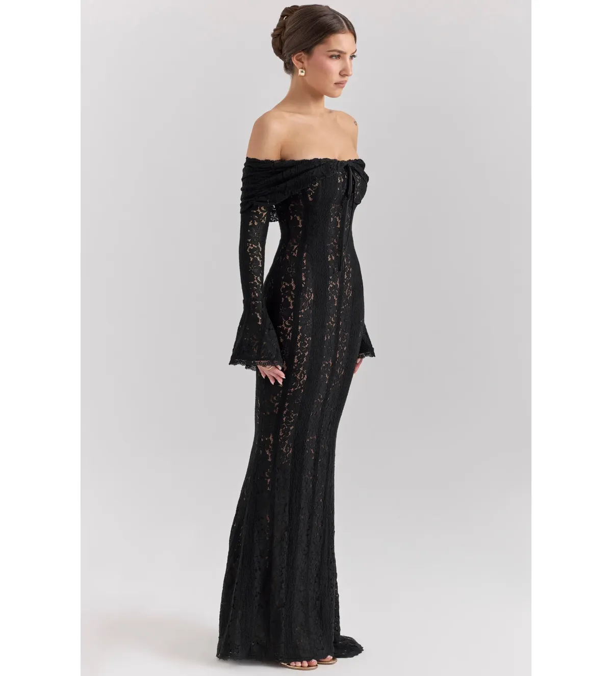 House of CB Belle Off Shoulder Floral Lace Maxi Dress Black Size AU 14 - Image 2