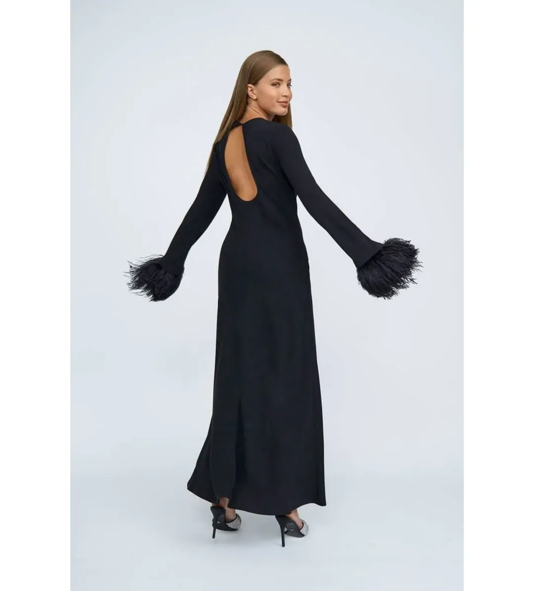 By Johnny Miranda Feather Cuff Full Length Dress Black Size 12 for rent on The Volte - main image