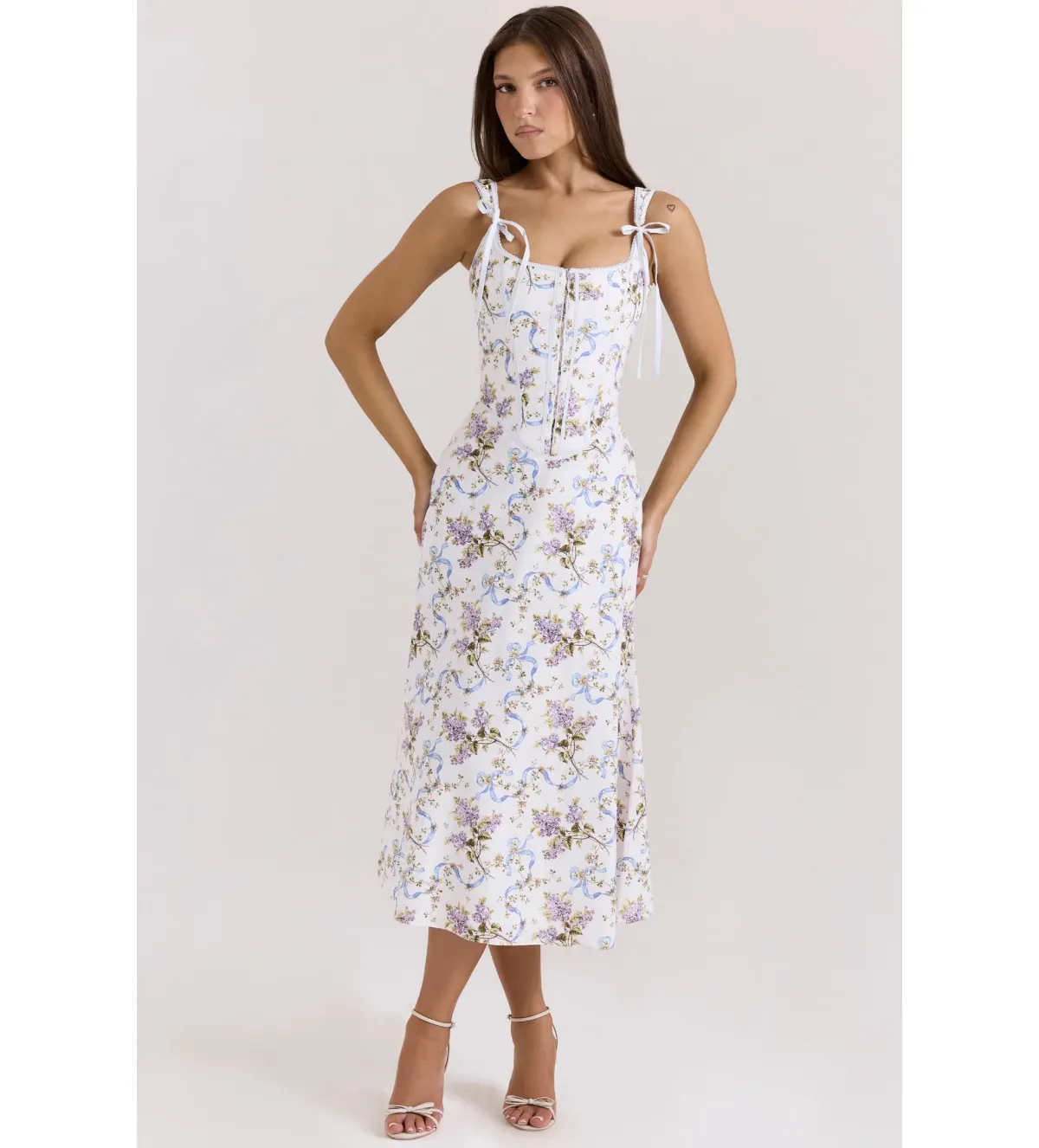 House of CB Dionne Cotton Midi Dress Off White Floral Print Size AU 6 - Image 1