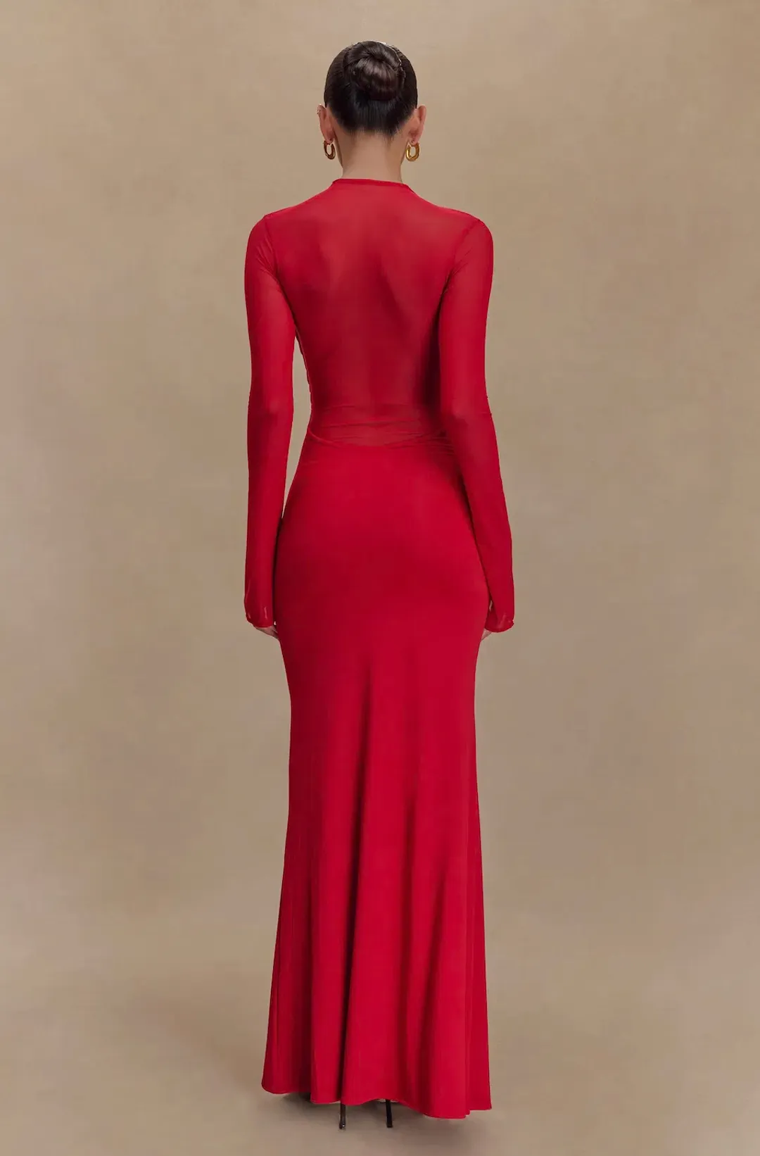 Meshki Tania Slinky And Mesh Long Sleeve Maxi Dress in Red Size 6 for rent on The Volte - main image